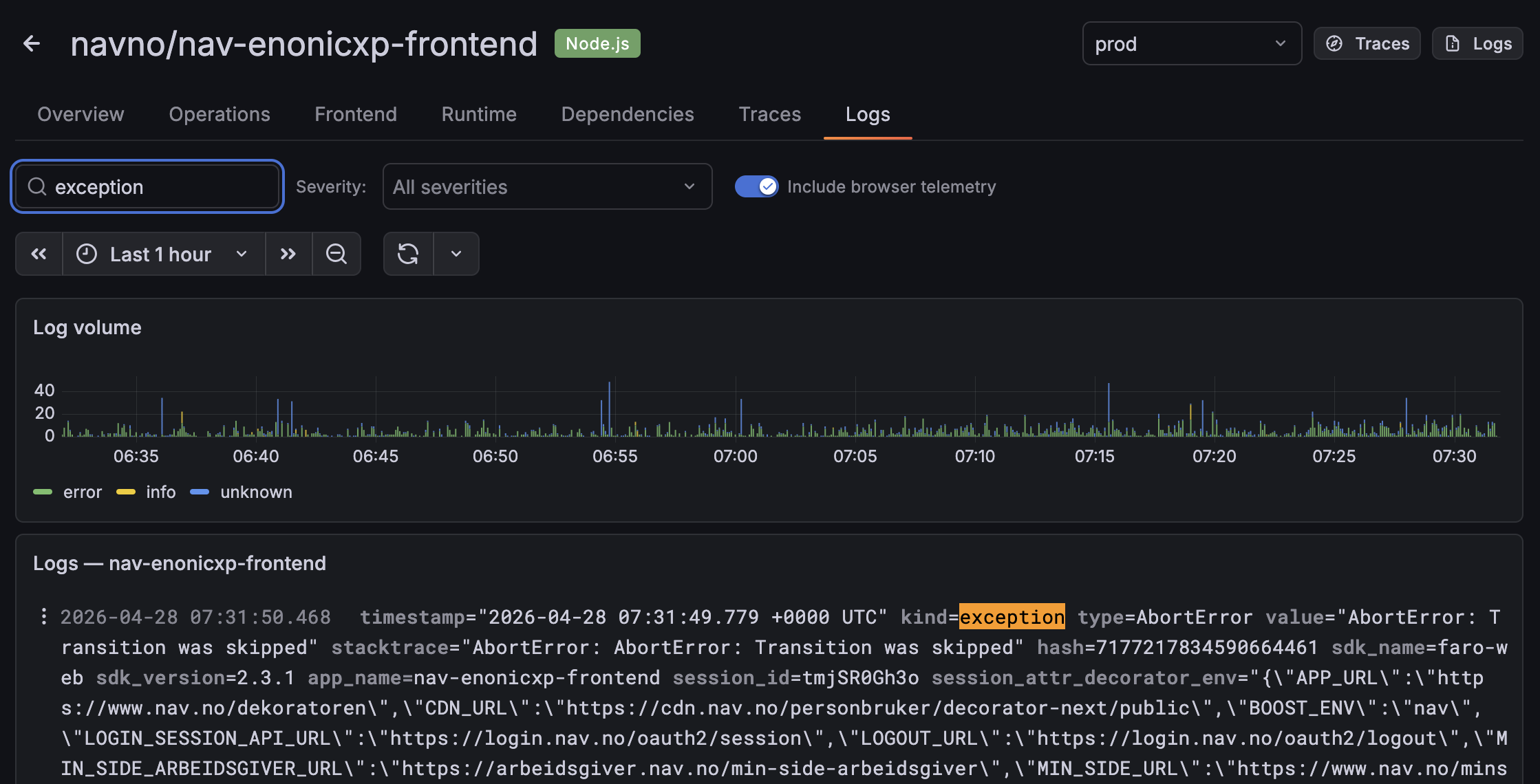 APM Logs tab filtered by exceptions, showing browser telemetry
