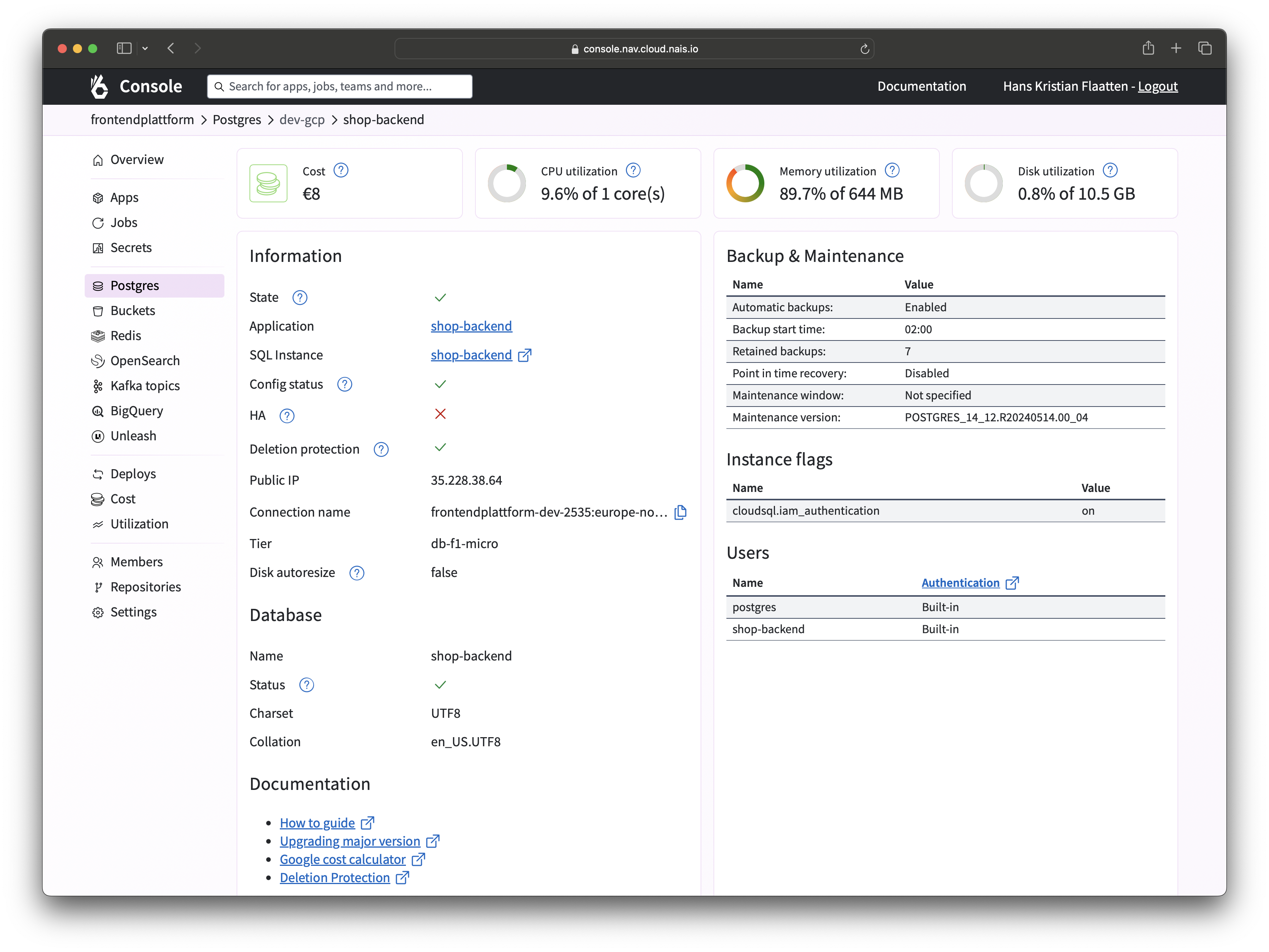 Postgres metrics in the NAIS Console